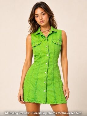 Vintage Lime Green Tencel Denim Mini Dress Y2K Sleeveless Button Front US 8